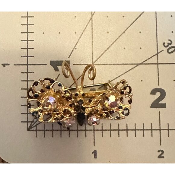 Made in Austria gold tone black spotted AB rhinestones butterfly brooch pin - Picture 8 of 8